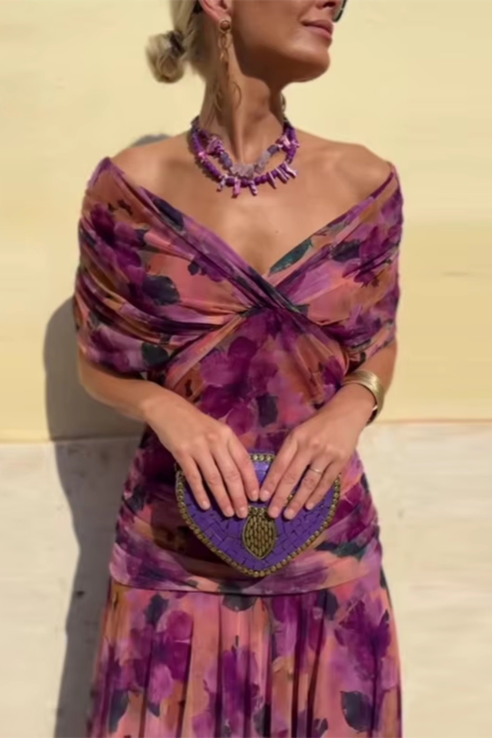 Women's Wedding Guest Maxi Dress with Off-Shoulder Neckline