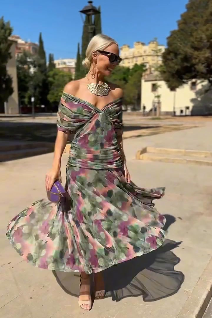 Women's Wedding Guest Maxi Dress with Off-Shoulder Neckline