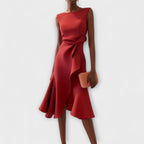 Women's Wedding Guest Midi Dress with Asymmetric Ruffle Hem
