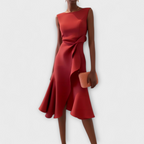 Women's Wedding Guest Midi Dress with Asymmetric Ruffle Hem
