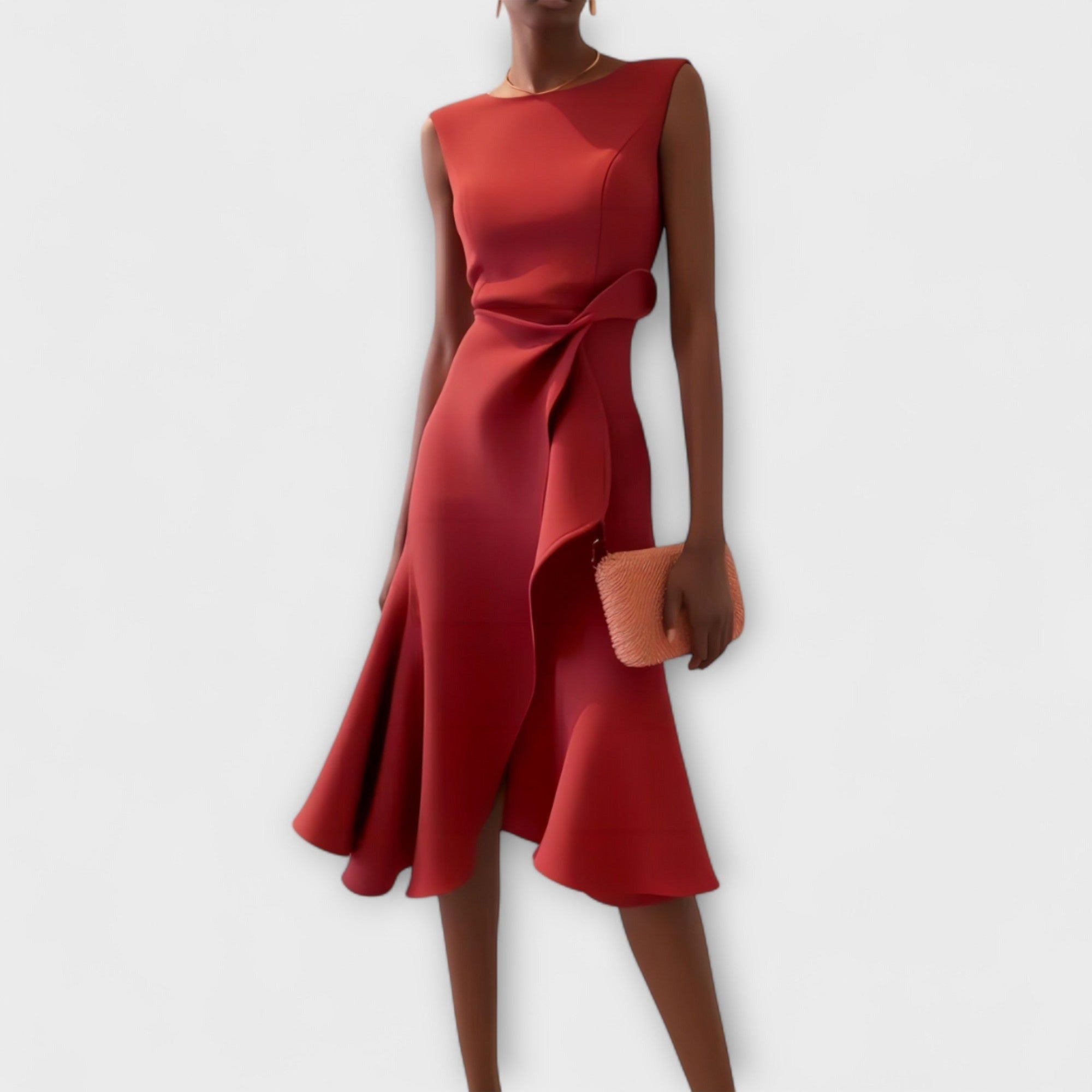 Women's Wedding Guest Midi Dress with Asymmetric Ruffle Hem