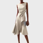 Women's Wedding Guest Midi Dress with Asymmetric Ruffle Hem