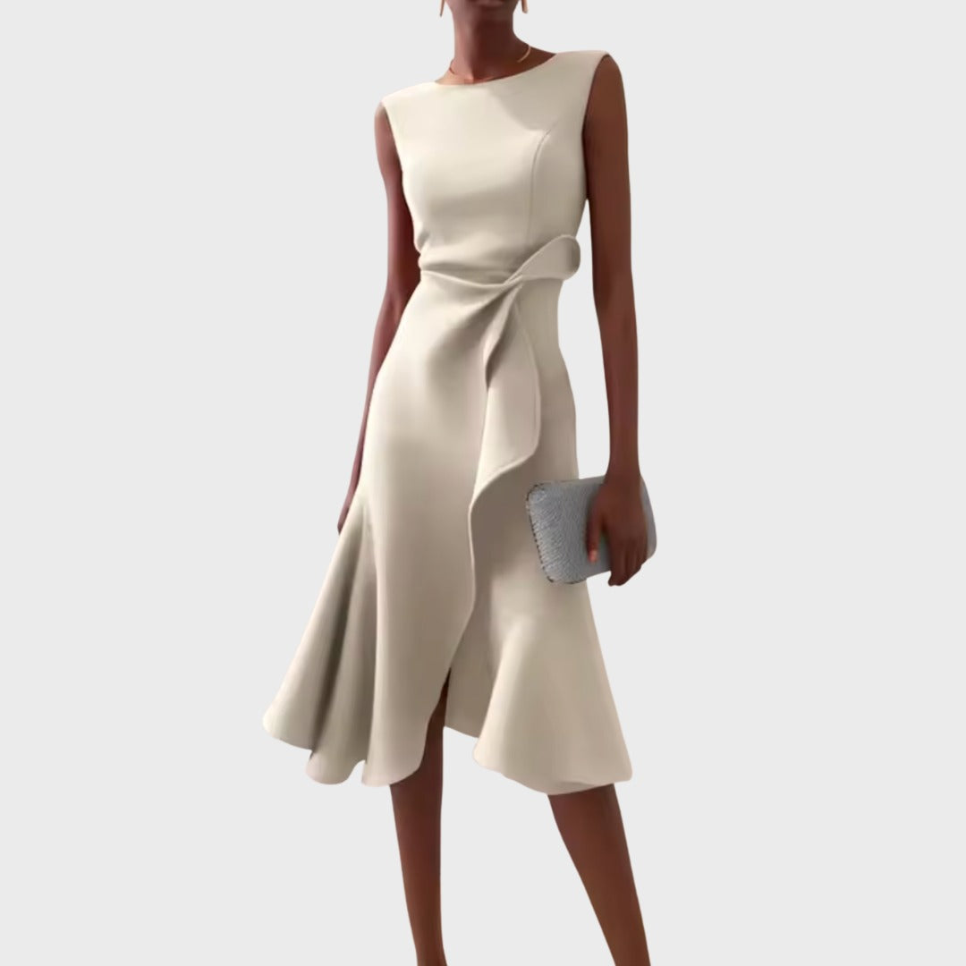 Women's Wedding Guest Midi Dress with Asymmetric Ruffle Hem