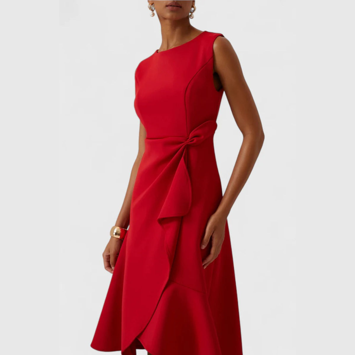 Women's Wedding Guest Midi Dress with Asymmetric Ruffle Hem