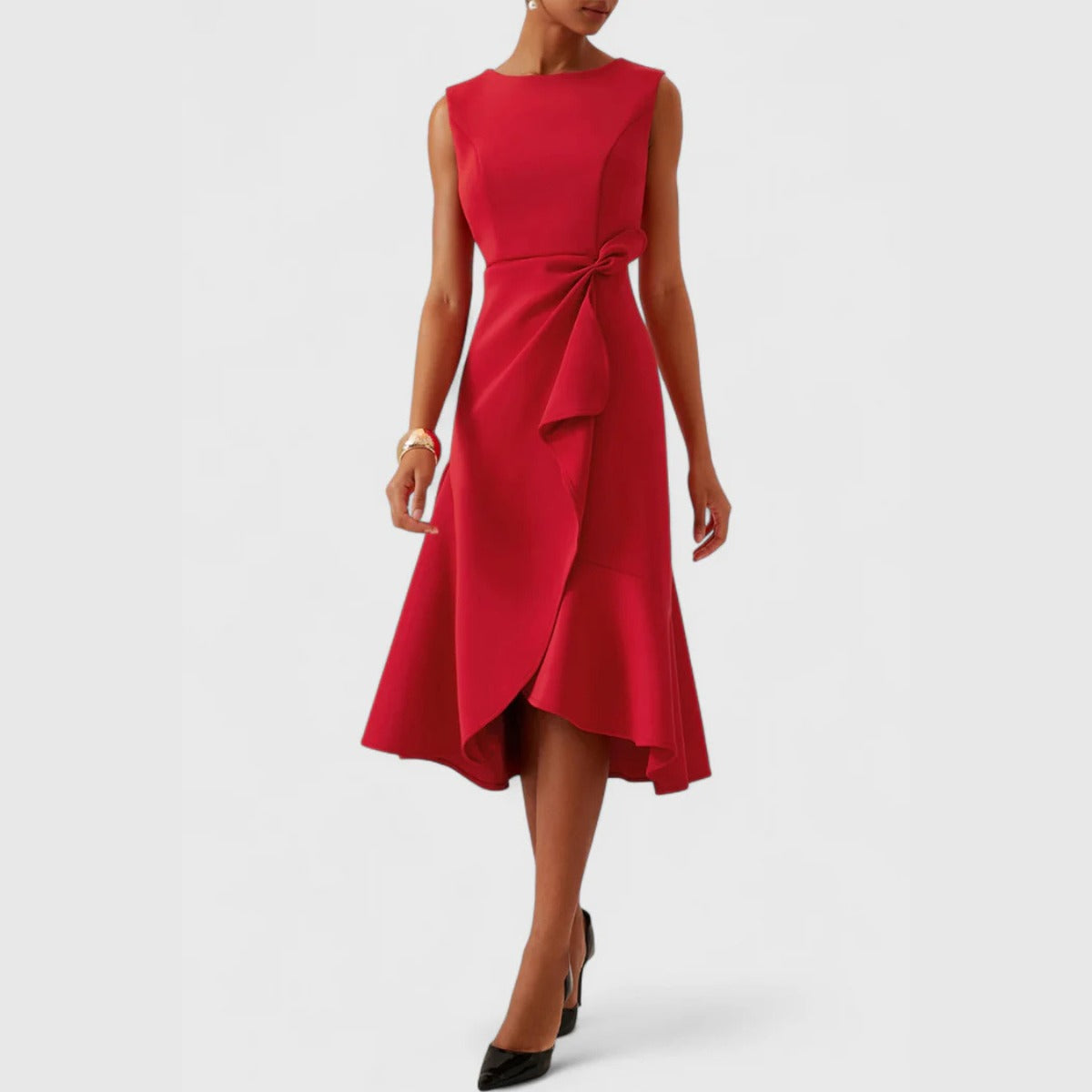 Women's Wedding Guest Midi Dress with Asymmetric Ruffle Hem
