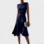 Women's Wedding Guest Midi Dress with Asymmetric Ruffle Hem