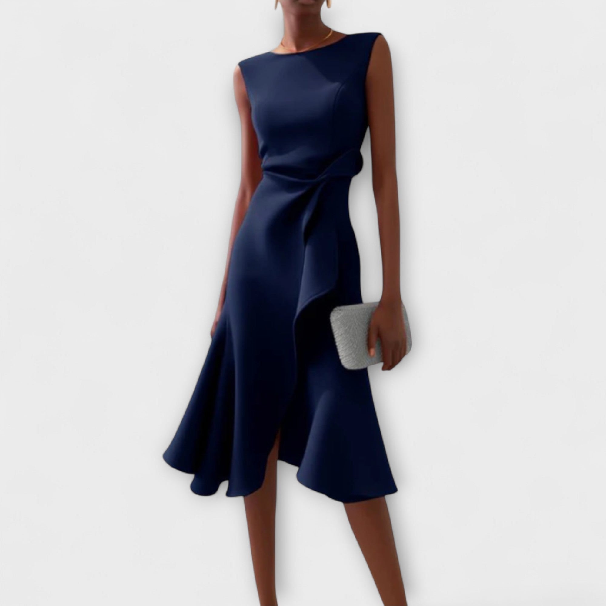 Women's Wedding Guest Midi Dress with Asymmetric Ruffle Hem