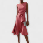 Women's Wedding Guest Midi Dress with Asymmetric Ruffle Hem