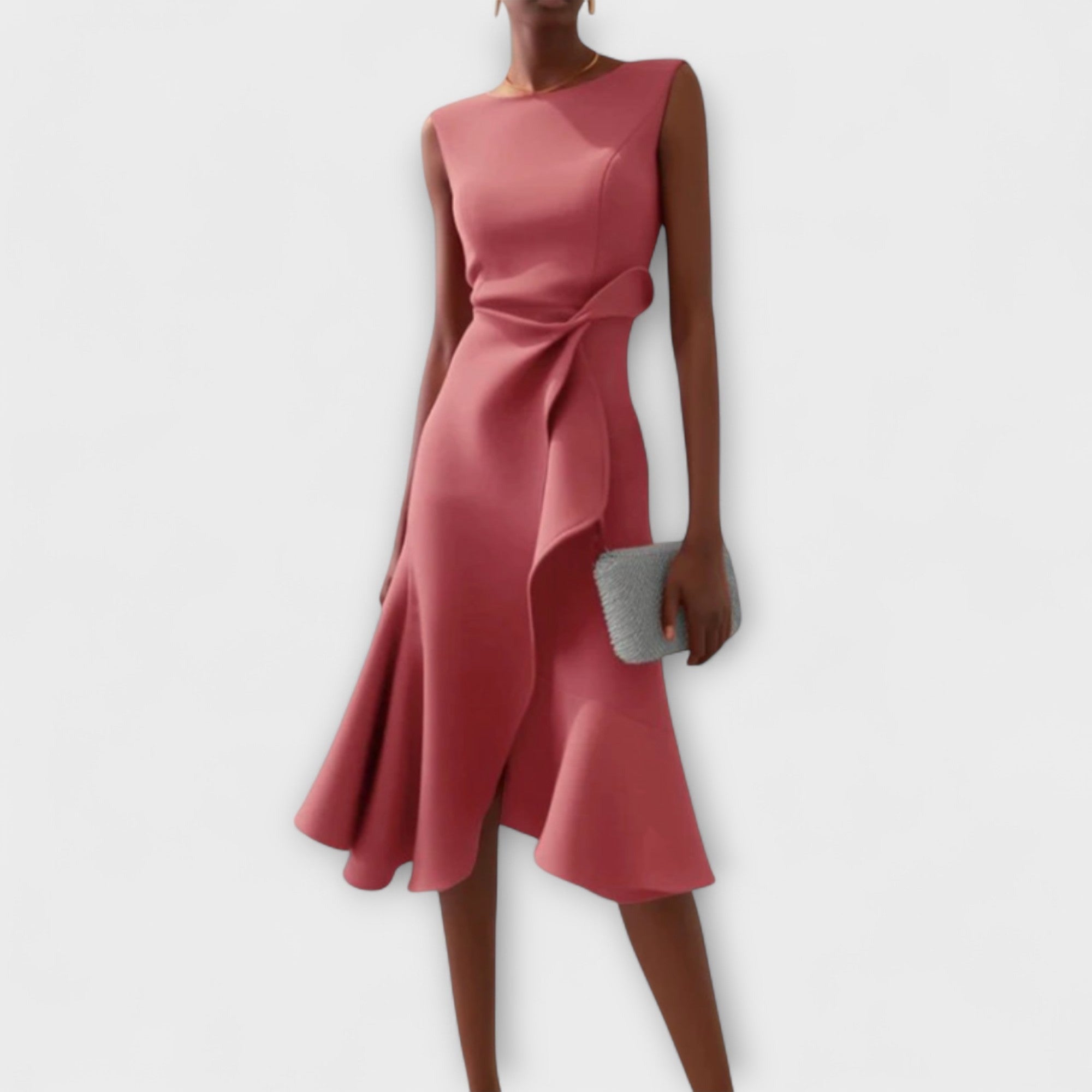 Women's Wedding Guest Midi Dress with Asymmetric Ruffle Hem