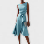 Women's Wedding Guest Midi Dress with Asymmetric Ruffle Hem