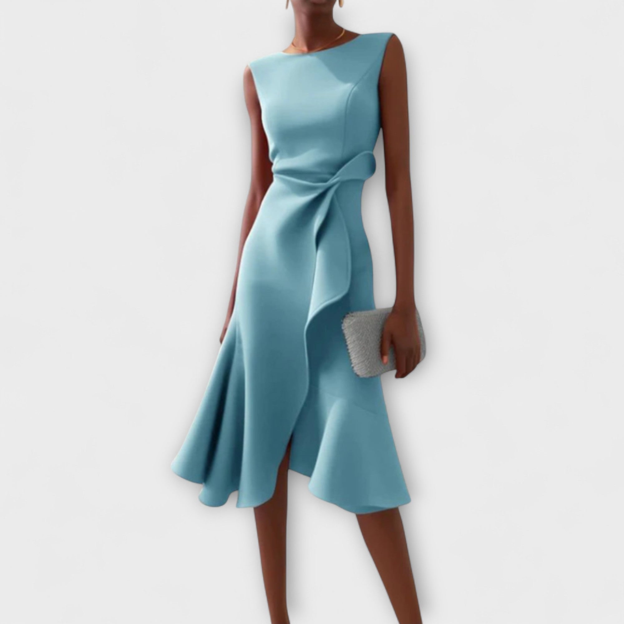 Women's Wedding Guest Midi Dress with Asymmetric Ruffle Hem