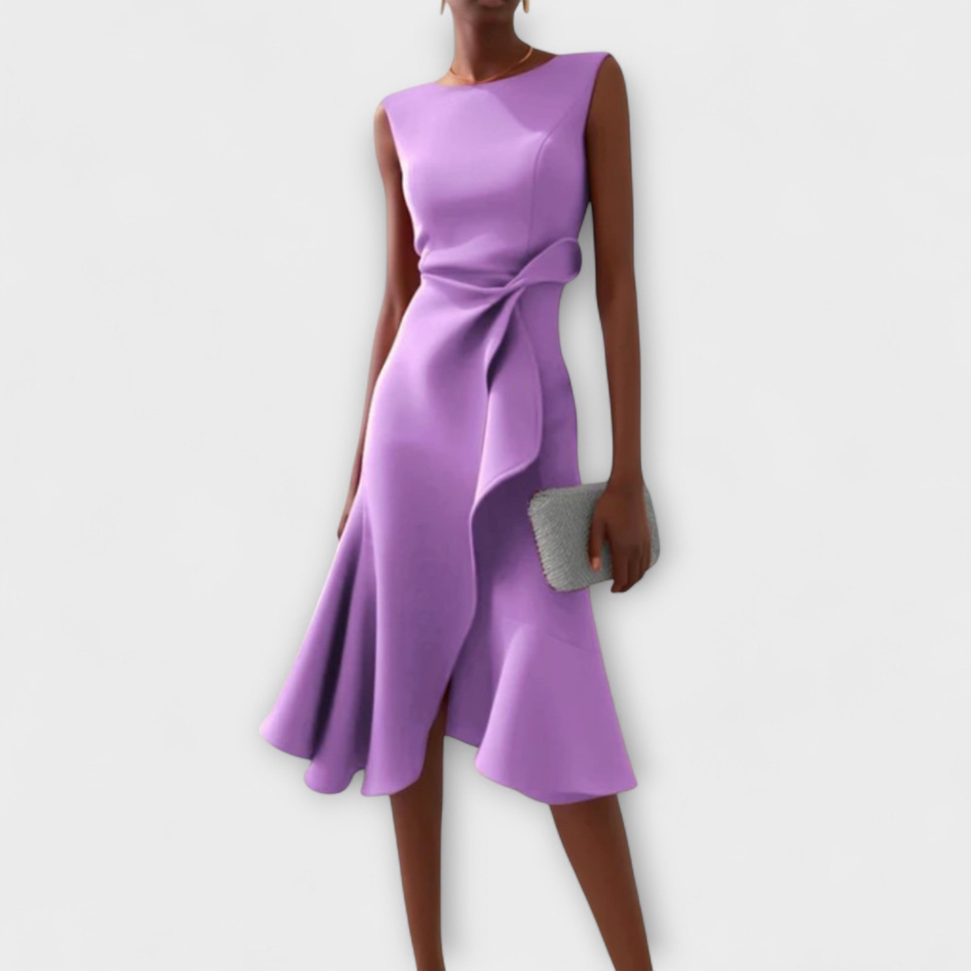 Women's Wedding Guest Midi Dress with Asymmetric Ruffle Hem