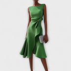Women's Wedding Guest Midi Dress with Asymmetric Ruffle Hem