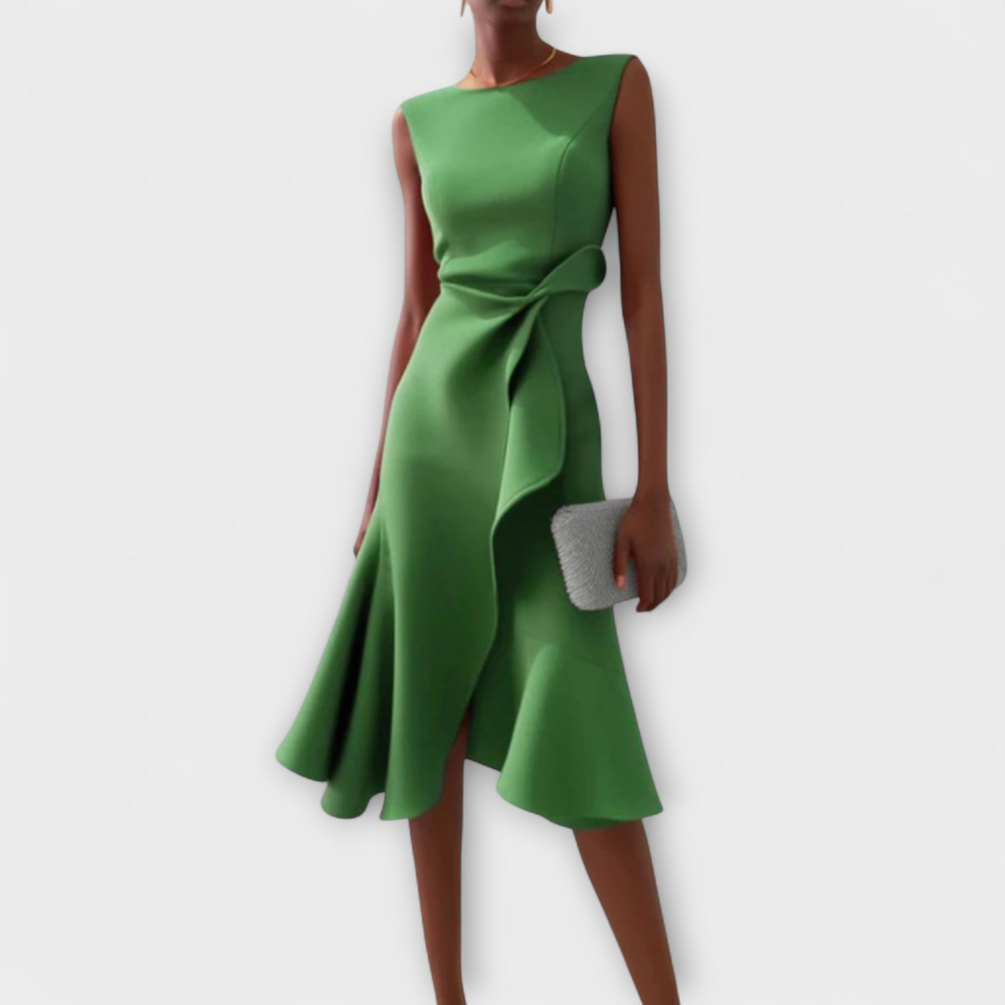 Women's Wedding Guest Midi Dress with Asymmetric Ruffle Hem