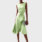 Women's Wedding Guest Midi Dress with Asymmetric Ruffle Hem
