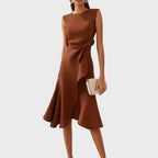 Women's Wedding Guest Midi Dress with Asymmetric Ruffle Hem