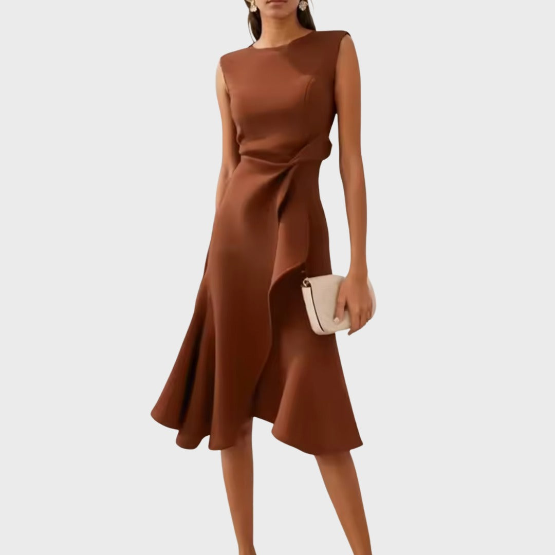 Women's Wedding Guest Midi Dress with Asymmetric Ruffle Hem
