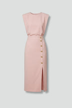 Women's Wedding Guest Midi Dress with Gold Button Front Skirt