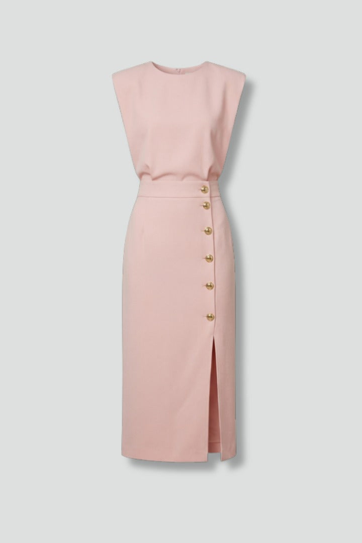 Women's Wedding Guest Midi Dress with Gold Button Front Skirt