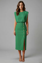 Women's Wedding Guest Midi Dress with Gold Button Front Skirt