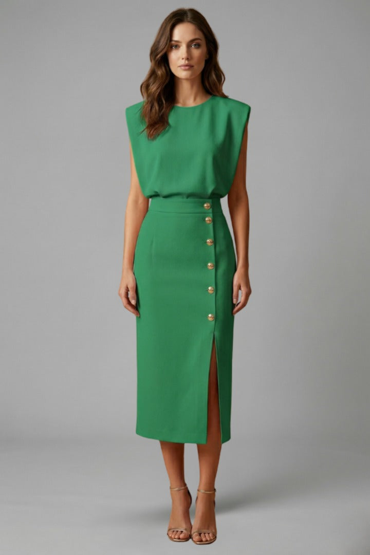 Women's Wedding Guest Midi Dress with Gold Button Front Skirt