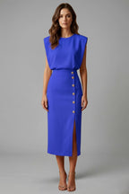 Women's Wedding Guest Midi Dress with Gold Button Front Skirt