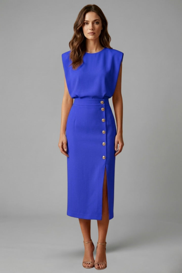 Women's Wedding Guest Midi Dress with Gold Button Front Skirt
