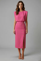 Women's Wedding Guest Midi Dress with Gold Button Front Skirt
