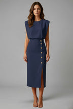 Women's Wedding Guest Midi Dress with Gold Button Front Skirt