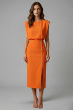 Women's Wedding Guest Midi Dress with Gold Button Front Skirt