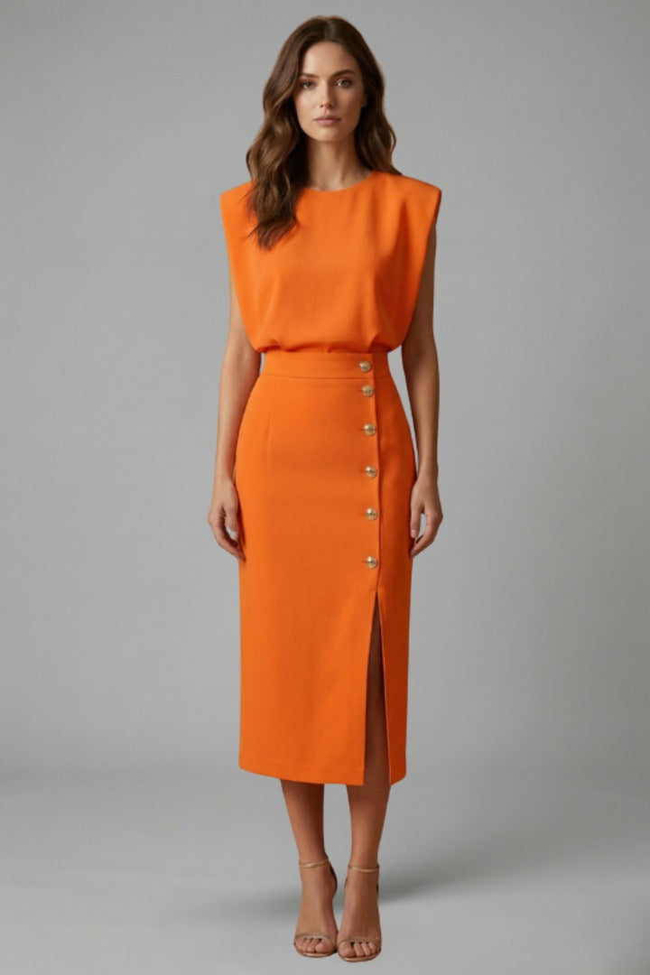 Women's Wedding Guest Midi Dress with Gold Button Front Skirt