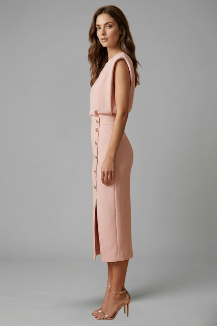 Women's Wedding Guest Midi Dress with Gold Button Front Skirt
