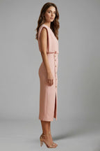Women's Wedding Guest Midi Dress with Gold Button Front Skirt