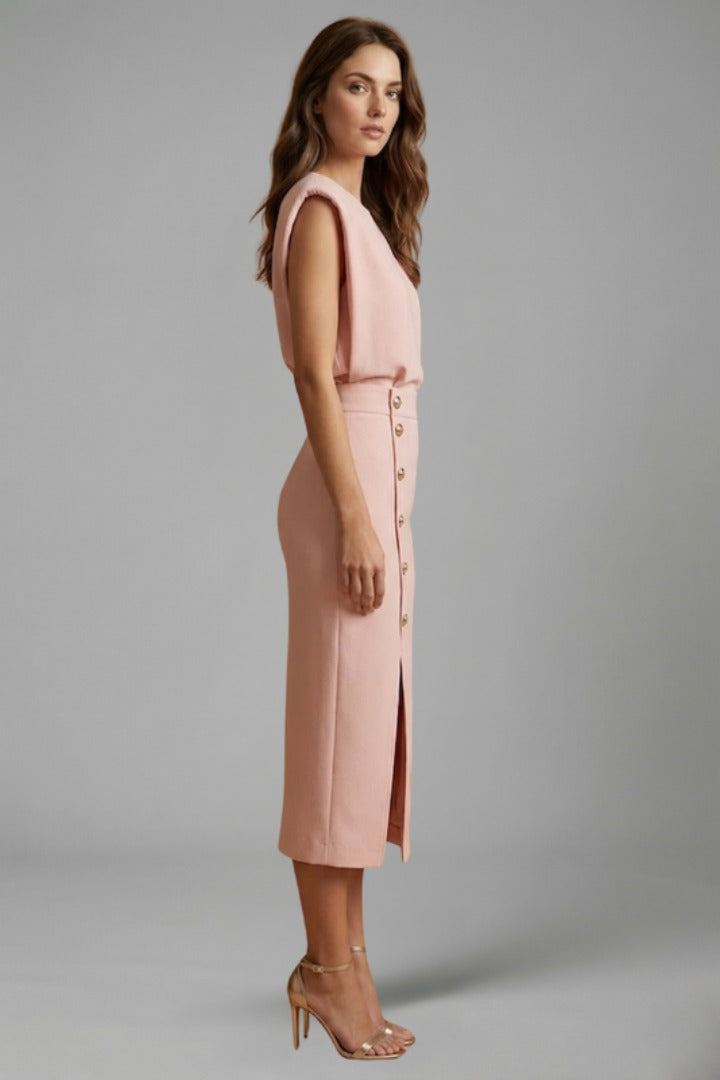 Women's Wedding Guest Midi Dress with Gold Button Front Skirt