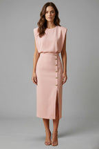 Women's Wedding Guest Midi Dress with Gold Button Front Skirt