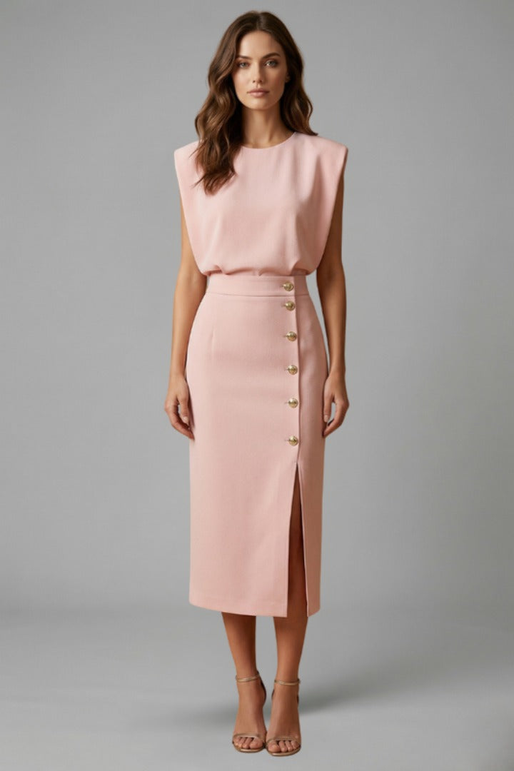 Women's Wedding Guest Midi Dress with Gold Button Front Skirt