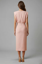 Women's Wedding Guest Midi Dress with Gold Button Front Skirt
