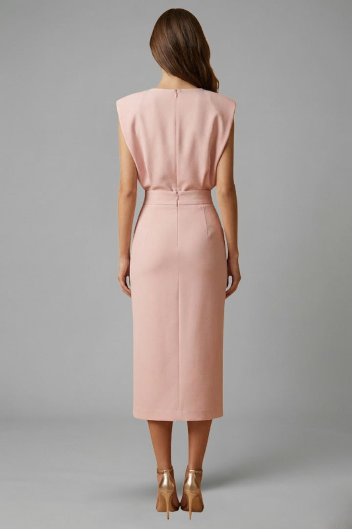 Women's Wedding Guest Midi Dress with Gold Button Front Skirt