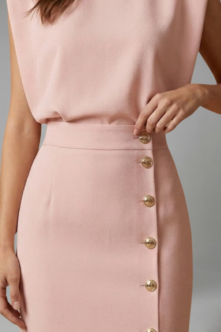 Women's Wedding Guest Midi Dress with Gold Button Front Skirt