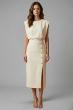 Women's Wedding Guest Midi Dress with Gold Button Front Skirt