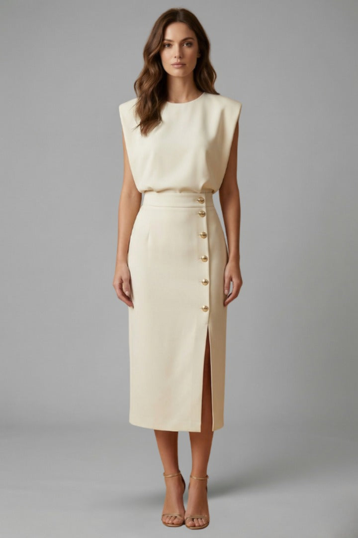 Women's Wedding Guest Midi Dress with Gold Button Front Skirt