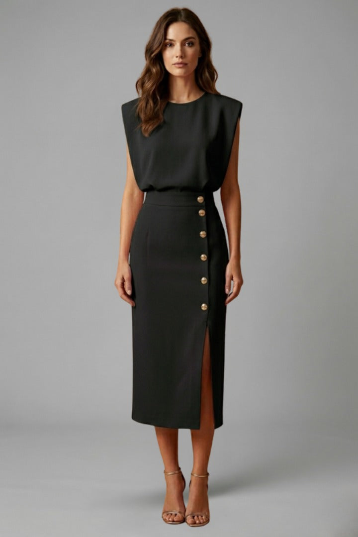 Women's Wedding Guest Midi Dress with Gold Button Front Skirt