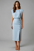 Women's Wedding Guest Midi Dress with Gold Button Front Skirt