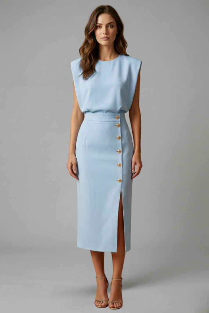 Women's Wedding Guest Midi Dress with Gold Button Front Skirt