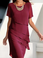Women's Wedding Guest Midi Dress with Layered Overlay