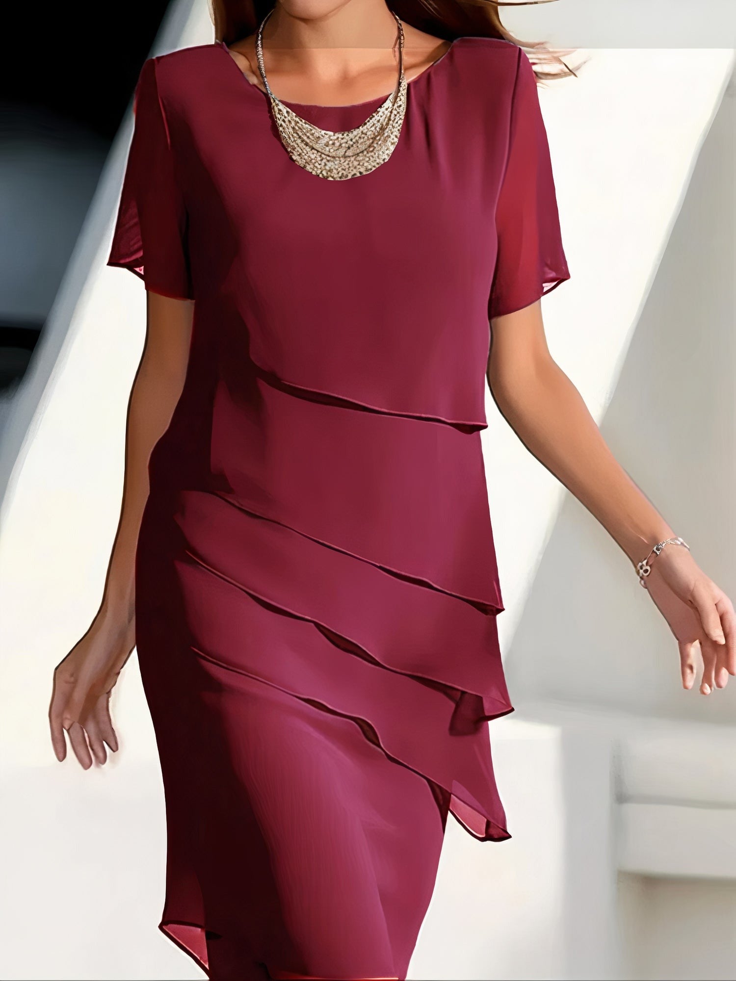Women's Wedding Guest Midi Dress with Layered Overlay