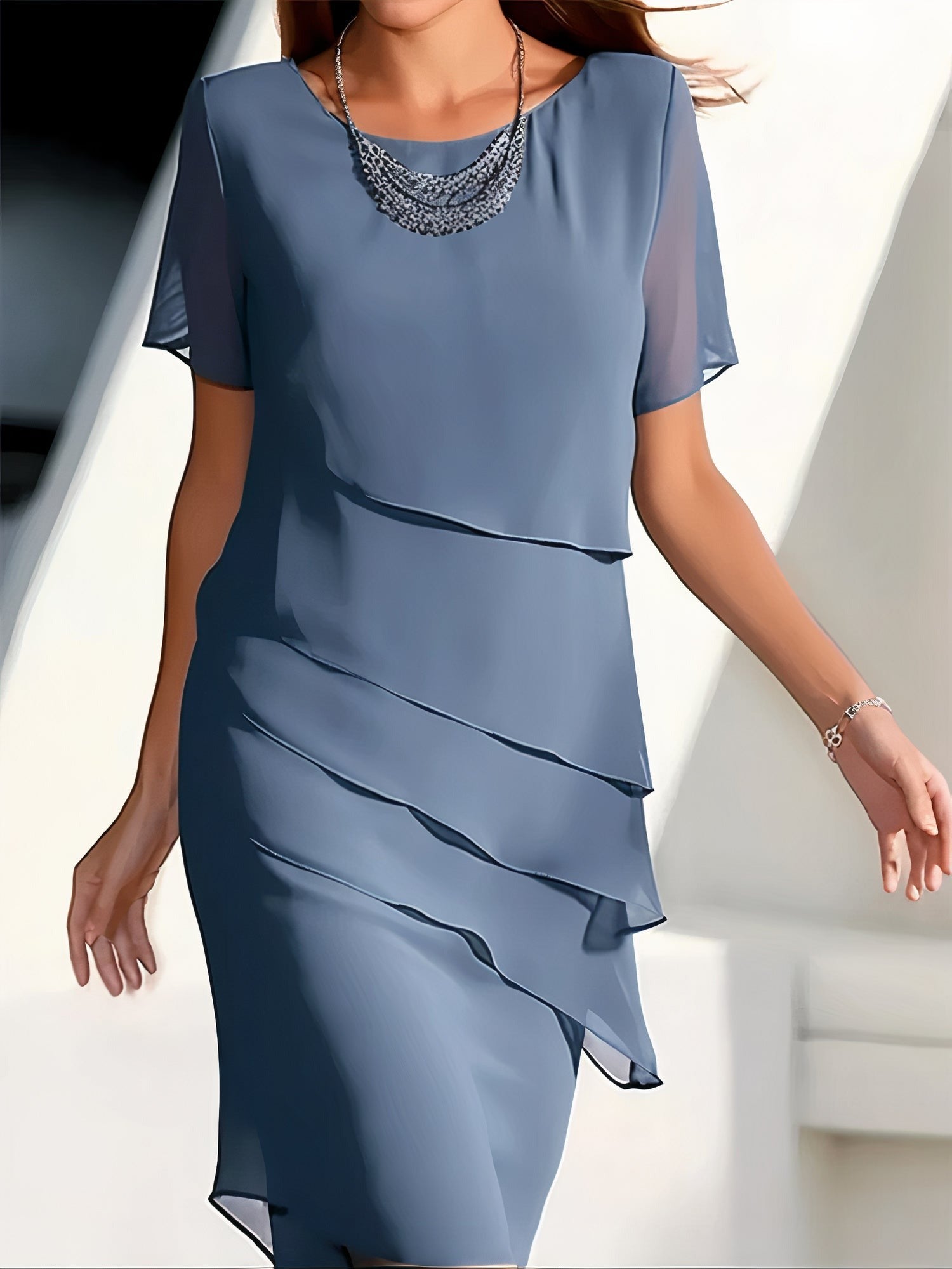 Women's Wedding Guest Midi Dress with Layered Overlay