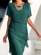 Women's Wedding Guest Midi Dress with Layered Overlay