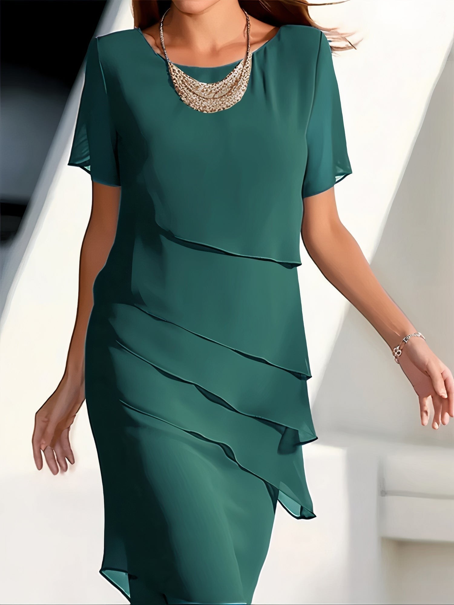 Women's Wedding Guest Midi Dress with Layered Overlay