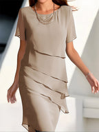 Women's Wedding Guest Midi Dress with Layered Overlay